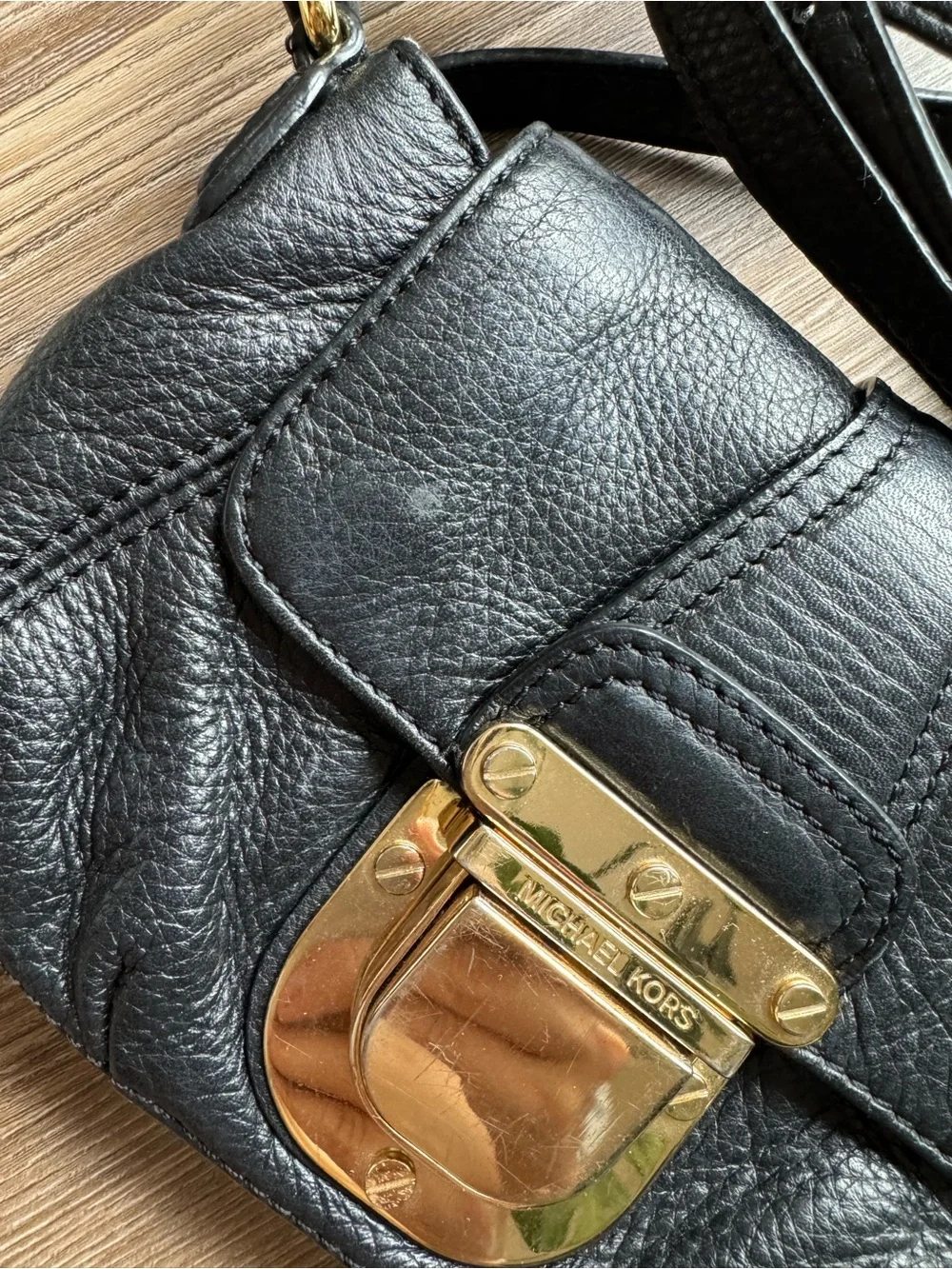 Michael Kors Black Leather Crossbody with Gold-Tone Lock
